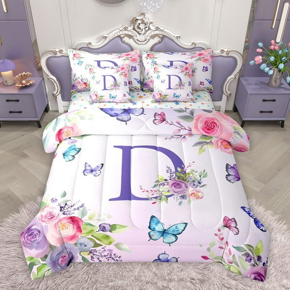 Homewish Purple Initial D Letter Bedding Comforter Set 7pcs, Watercolor Rose Floral Queen Bedding Sets, Kawaii Dreamy Butterfly Reversible Queen Sheet Sets, Ultra Soft Bedroom Decor