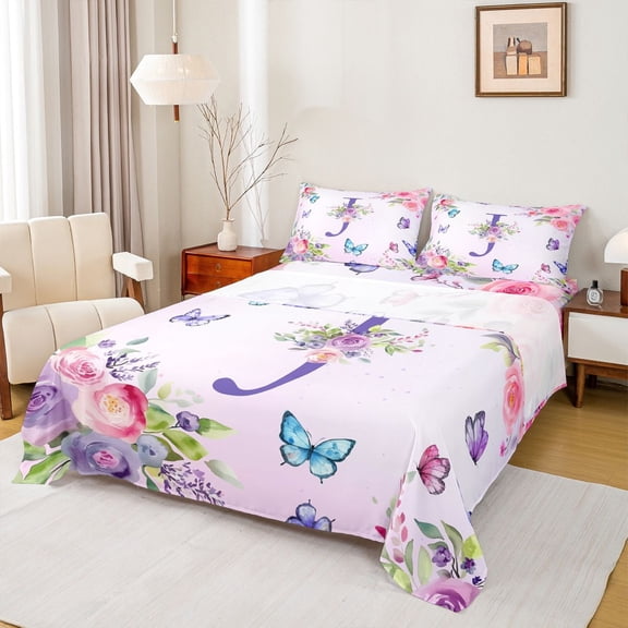 Homewish Purple Initial J Letter Twin Sheet Sets, Watercolor Rose Floral Twin Fitted Sheet, Kawaii Dreamy Butterfly Flat Sheet, Ultra Soft Bedroom Decor, 3pcs