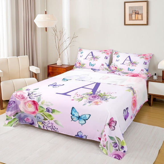 Homewish Purple Initial A Letter Twin Sheet Sets, Watercolor Rose Floral Twin Fitted Sheet, Kawaii Dreamy Butterfly Flat Sheet, Luxury Bedroom Decor, 3pcs