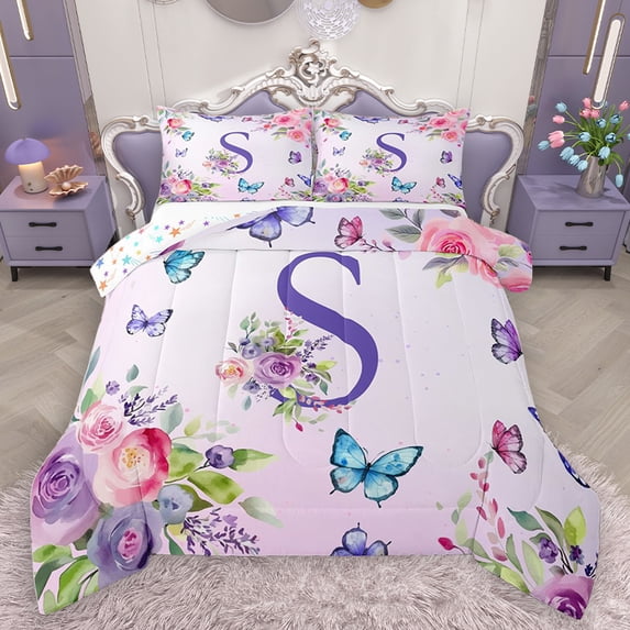 Homewish Purple Initial S Letter Bedding Comforter Set, Watercolor Rose Floral Twin Comforter Sets, Kawaii Dreamy Butterfly Reversible Bedding Set, Luxury Bedroom Decor, 2pcs