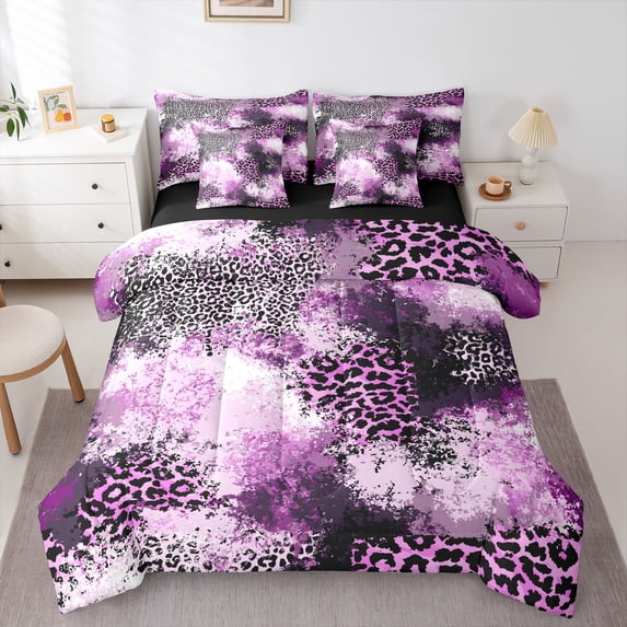 Homewish Purple Leopard Print 7 Pieces Full Size Bedding Sets,Animal Theme Full Size Bed in a Bag,Black Reversible