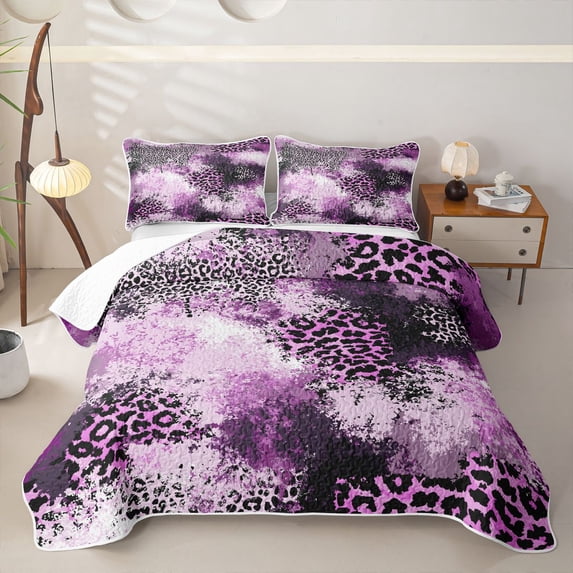 Homewish Purple Leopard Print Quilt Full,Animal Theme Full Bedspread Sets,3 Pieces