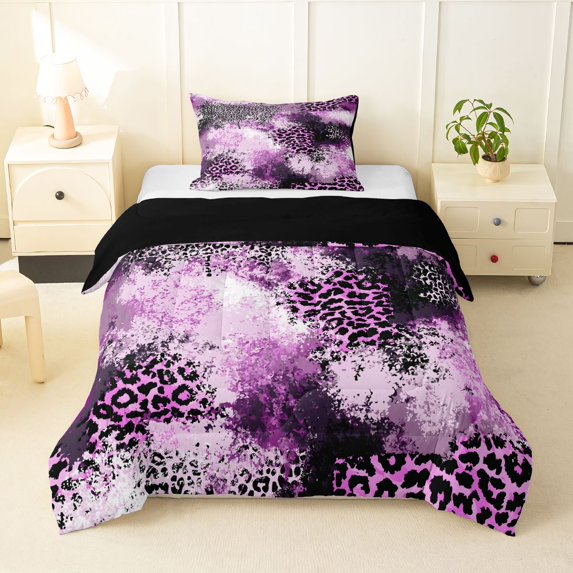 Homewish Purple Leopard Print Twin Comforter Sets,Animal Theme Bedding Set,Black Reversible,2-Piece,1 Comforter and 1 Pillowcase