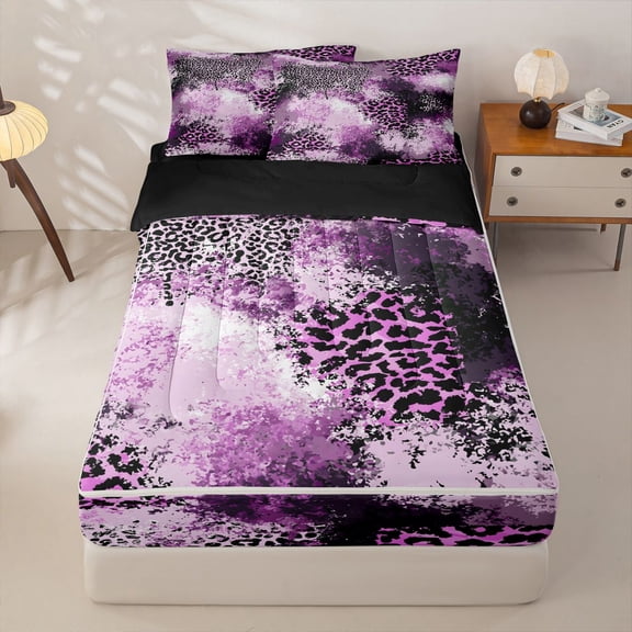 Homewish Purple Leopard Print Zipper Queen Comforter Set with Fitted Sheet and 2 Pillowcases,Animal Theme Zipper Bedding Set,Black Reversible,4pcs