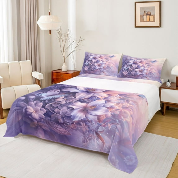 Homewish Purple Lily Flower Queen Sheet Sets for Women, Kawaii Butterfly Animal Flat Sheet, Western French Style Queen Fitted Sheet, Luxury Bedroom Decor, 4pcs