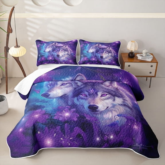 Homewish Purple Magical Wolf Pair Floral Print Bed Spread Queen,Fantasy Wildlife Queen Coverlet Set For Men And Women,3-Piece