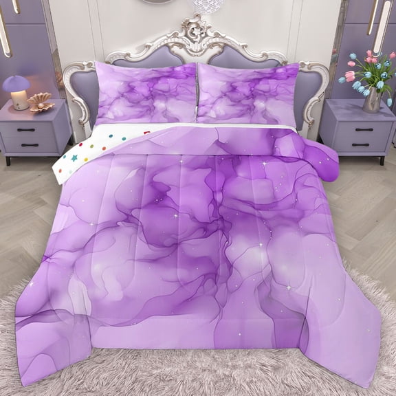 Homewish Purple Marble 3 Pieces Queen Comforter Set for Female Men Adults,Gradient Marbling Watercolor Ultra Soft Bedding Sets,Ombre Stone Pattern Bedding Comforter Set Breathable