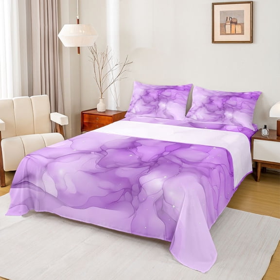 Homewish Purple Marble 4pcs Bed Sheets for Female Men Adults,Gradient Marbling Watercolor King Sheets,Ombre Stone Pattern Super Cozy Sheet Set,Luxury Bedroom Decor