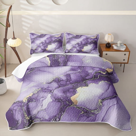 Homewish Purple Marble Bed Spread Queen,Gold Metallic Queen Coverlet Set,3 Pieces