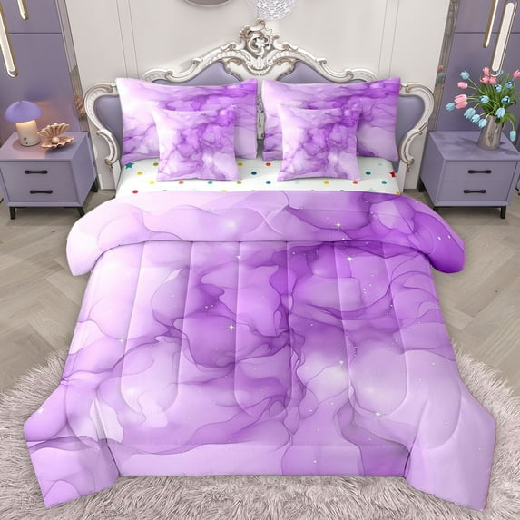 Homewish Purple Marble Bedding Comforter Set 7-Piece for Female Men Adults,Gradient Marbling Watercolor King Bedding Sets,Ombre Stone Pattern Ultra Soft Bed Sheets,Luxury Bedroom Decor,Reversible