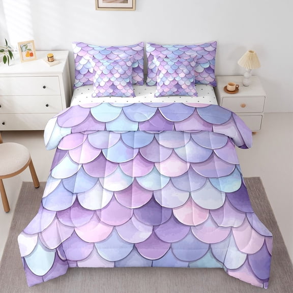 Homewish Purple Mermaid Scales 7pcs Queen Bedding,Kids Princess Bedding Comforter Set Queen,Reversible