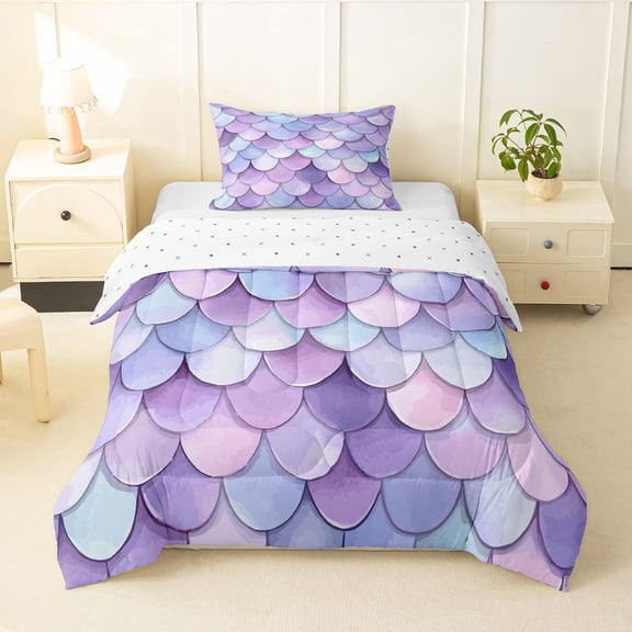 Homewish Purple Mermaid Scales Twin Comforter Sets,Kids Princess Bedding Set,Reversible,2pcs,1 Comforter and 1 Pillowcase