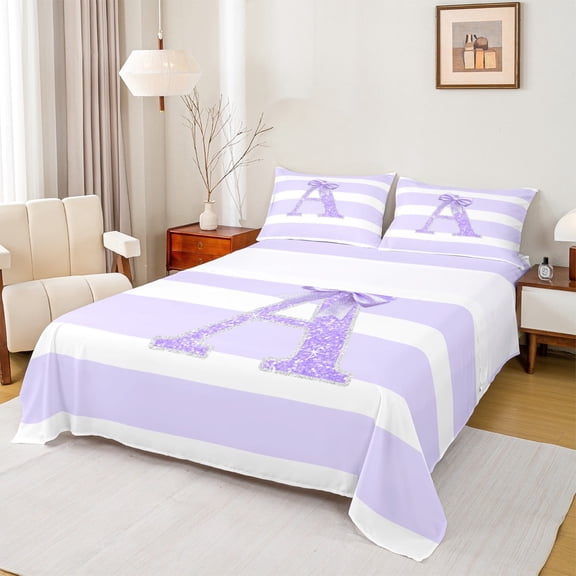 Homewish Purple Monogrammed A Twin Sheet Sets, Geometric Stripes Twin Fitted Sheet, Bowknot Princess Flat Sheet, Super Cozy Room Decor, 3-Piece
