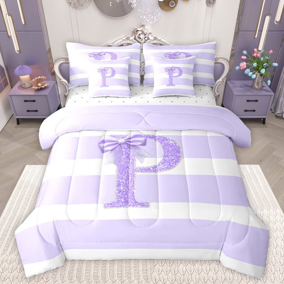 Homewish Purple Monogrammed P Bedding Comforter Set 7pcs, Geometric Stripes King Bedding Sets, Bowknot Princess Bed Sheets, Lightweight Room Decor