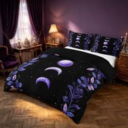 Homewish Purple Moon Phase Duvet Cover Queen, Botanical Leaves Queen Bedding, Black Reversible 3 Pieces, 1 Duvet Cover and 2 Pillowcases
