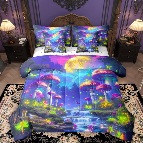 Homewish Purple Mushroom 7-Piece Twin Bedding Sets,Natural Scenery Bedding Comforter Set,Rustic Waterfall Sheet Sets For Girls Kids,Super Cozy Room Decor Reversible