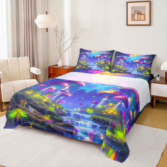 Homewish Purple Mushroom Bed Sheets,Natural Scenery King Sheets,Rustic Waterfall Sheet Set For Girls Kids,Super Cozy Room Decor,4 Pieces