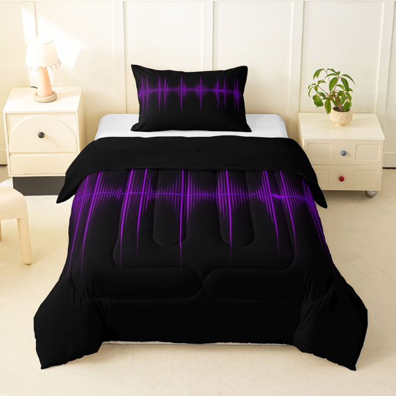 Homewish Purple Neon Stripes Twin Comforter Sets,Abstract Geometric Bedding Set,Black Reversible,2 Pieces,1 Comforter and 1 Pillowcase