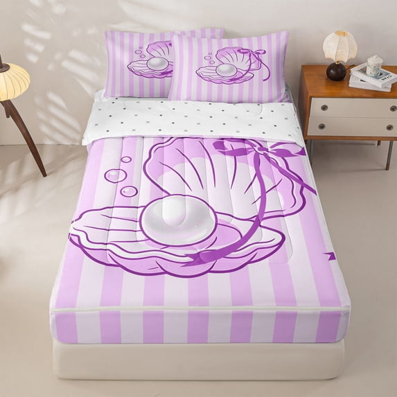 Homewish Purple Ocean Seashell Zipper Twin Comforter Sets with Fitted Sheet and 2 Pillowcases,Modern Geometric Striped Print Zipper Bedding Set For Girls Kids,Reversible,4-Piece