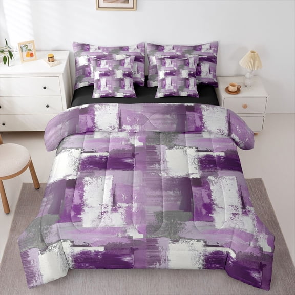 Homewish Purple Ombre Plaid 7 Pieces Full Size Bedding Sets,Classic Geometric Full Size Bed in a Bag,Black Reversible
