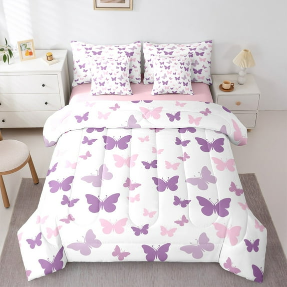 Homewish Purple Pink Butterflies 7pcs Bedding Comforter Set for Female Men,Dreamy Princess Queen Bedding Sets Super Cozy,Kawaii Cartoon Queen Sheet Sets,Lightweight Room Decor,Reversible