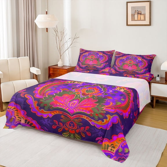 Homewish Purple Pink Damask Bed Sheets, Western Rustic Hippie King Sheets, Teens kids Adult Female Sheet Set, Lightweight Room Decor, 4 Pieces