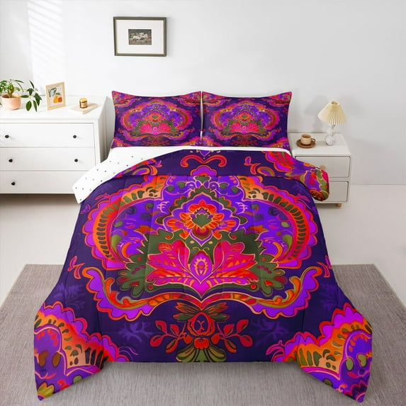 Homewish Purple Pink Damask Full Size Comforter Sets, Western Rustic Hippie Bedding Comforter Set, Teens kids Adult Female Reversible Bedding Sets, Lightweight Room Decor, 3 Pieces