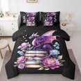 thumbnail image 1 of Homewish Purple Pink Dragon 7-Piece Twin Bedding,Cute Wildlife Bedding Comforter Set,Floral Books Decor,Black Reversible, 1 of 8