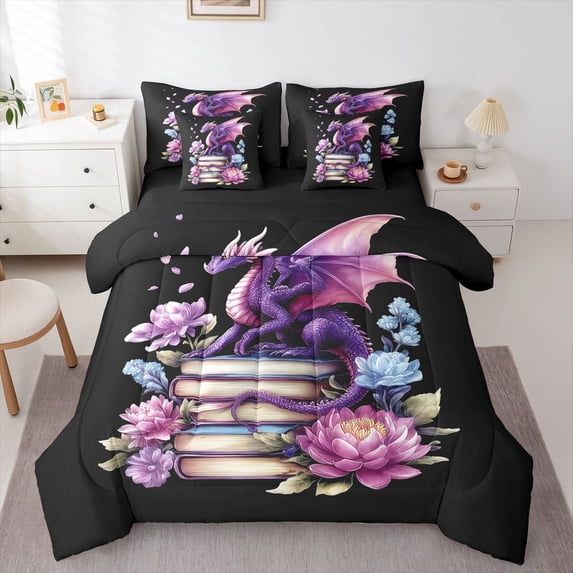 Homewish Purple Pink Dragon 7-Piece Twin Bedding,Cute Wildlife Bedding Comforter Set,Floral Books Decor,Black Reversible