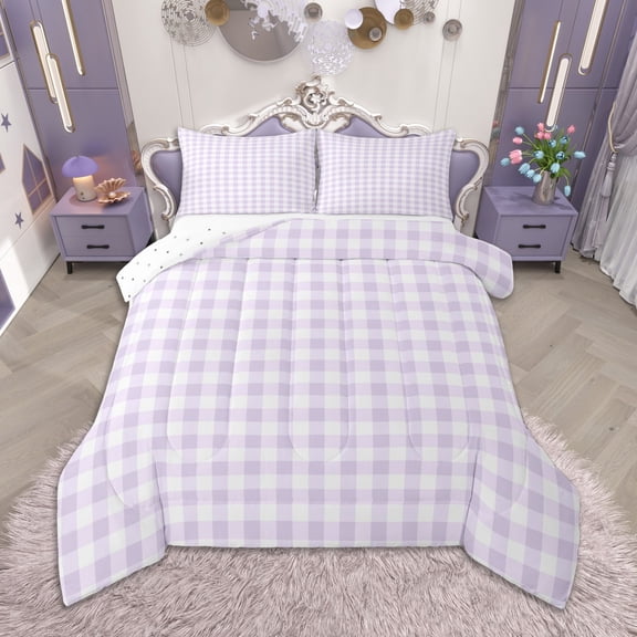 Homewish Purple Plaid Queen Comforter Set, Geometric Buffalo Grid Bedding Sets, Cute Checkered Bedding Comforter Set, Ultra Soft Home Decor