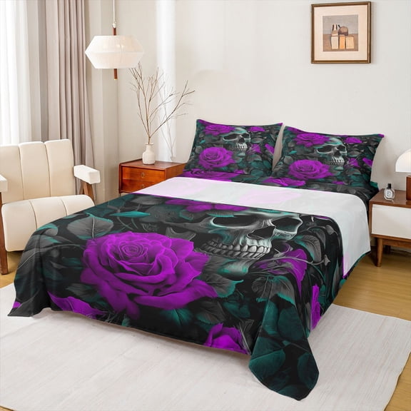 Homewish Purple Rose Floral Twin Sheet Sets for Lover, Romantic Gothic Skull Twin Fitted Sheet, Couple Anniversary Flat Sheet, Ultra Soft Bedroom Decor, 3pcs