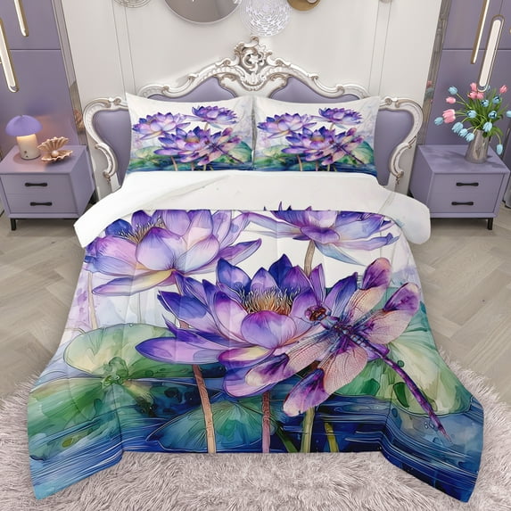 Homewish Purple Rustic Lotus Bedding Comforter Set,Flying Dragonfly Twin Comforter Sets,Country Flower Floral Bedding Set For Girls Kids,Super Cozy Room Decor,2-Piece