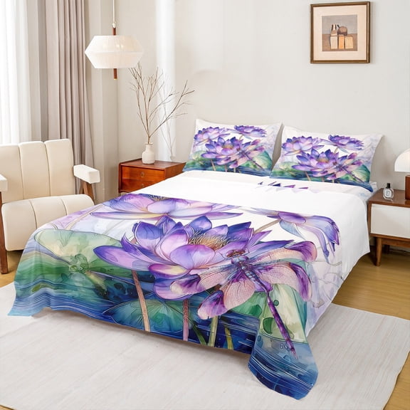 Homewish Purple Rustic Lotus Twin Sheet Sets,Flying Dragonfly Twin Fitted Sheet,Country Flower Floral Flat Sheet For Girls Kids,Super Cozy Room Decor,3-Piece