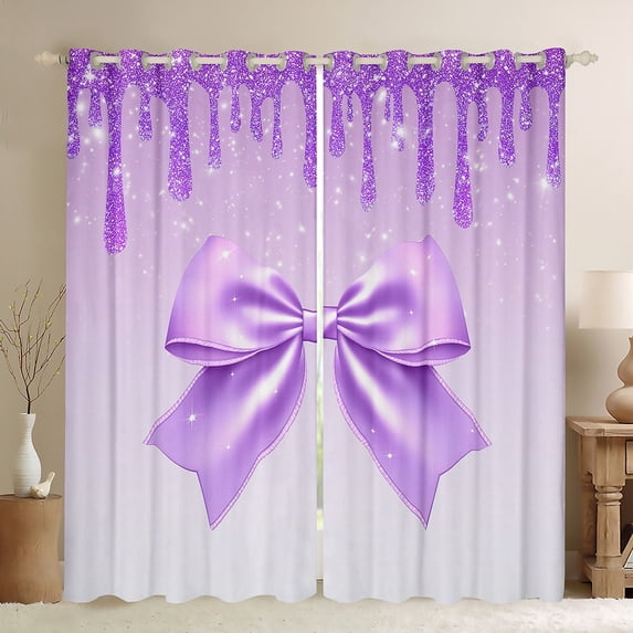 Homewish Purple Sequin Print Black Out Curtains, Fashion Glitter Bowknot Curtains Pack of 2 (42x63 Each), Dreamy Ribbon Bow Bedroom Curtains, Curtains and Drapes Bedroom Decor