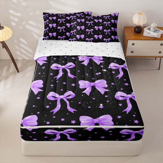 Homewish Purple Stars Pattern Zipper Twin Comforter Sets with Fitted Sheet and 2 Pillowcases For Girls,3D Cartoon Princess Bow Zipper Bedding Set,Reversible,4 Pieces