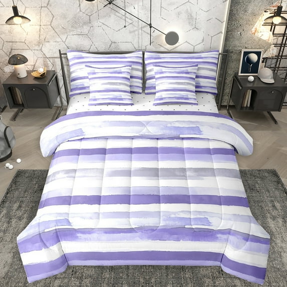 Homewish Purple Striped 7pcs Bedding Comforter Set,Modern Graffiti Queen Bedding Sets,Abstract Stripes Lines Queen Sheet Sets For Teens,Microfiber Bedroom Decor Reversible