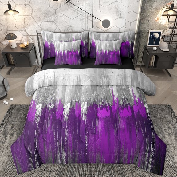 Homewish Purple Stripes Lines 7-Piece Bedding Comforter Set,Modern Graffiti King Bedding Sets,Abstract Striped Bed Sheets For Teens,Microfiber Bedroom Decor Reversible