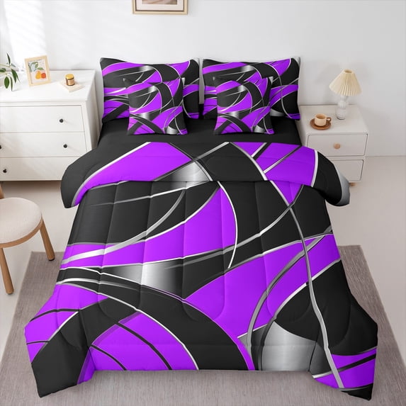 Homewish Purple Stripes Lines Twin Bedding Sets 7-Piece for Female Men Adults,Vintage Aesthetic Bedding Comforter Set Microfiber,Geometric Theme Breathable Sheet Sets,Luxury Bedroom Decor,Reversible