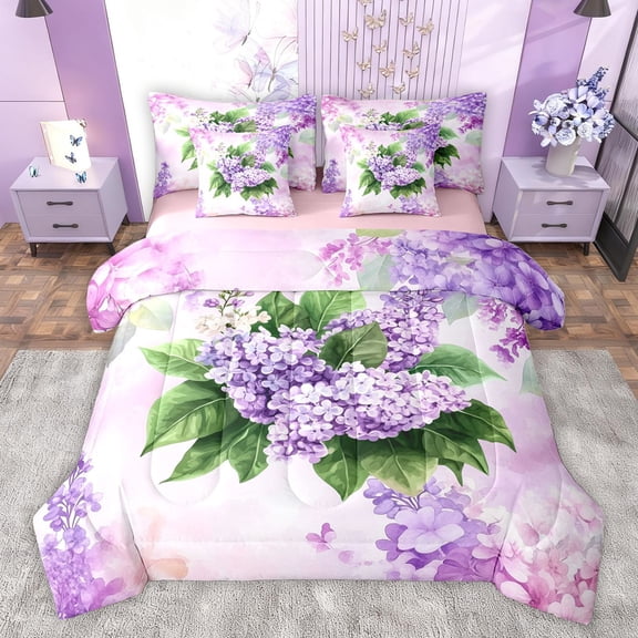 Homewish Purple Watercolor Flower Twin Bedding Sets 7-Piece, Dreamy Farmhouse Floral Bedding Comforter Set, Teens Adult Girls Women Reversible Sheet Sets, Super Cozy Room Decor
