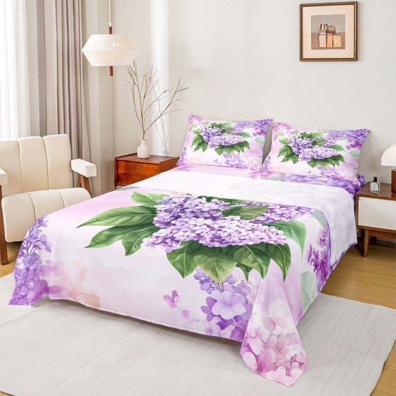 Homewish Purple Watercolor Flower Twin Sheet Sets, Dreamy Farmhouse Floral Twin Fitted Sheet, Teens Adult Girls Women Flat Sheet, Super Cozy Room Decor, 3-Piece