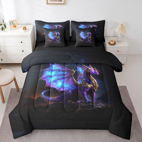 Homewish Purple Western Dragon 7 Pieces Full Size Bedding Sets,Retro Animal Full Size Bed in a Bag,Black Reversible