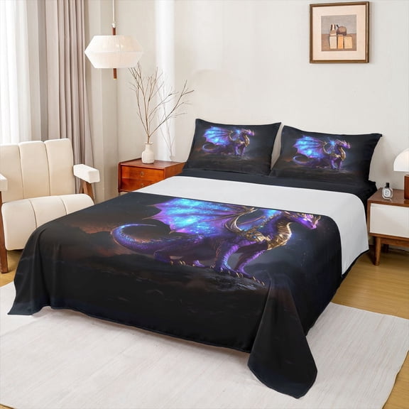 Homewish Purple Western Dragon Bed Sheets,Retro Animal Full Size Sheets,4pcs,1 Flat Sheet, 1 Fitted Sheet and 2 Pillowcases