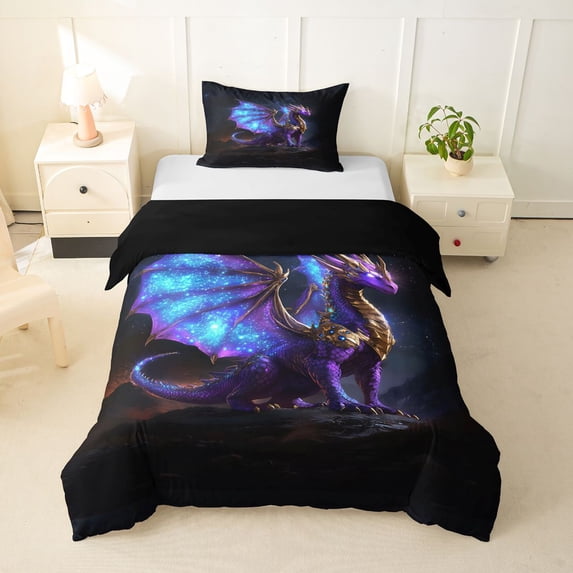 Homewish Purple Western Dragon Twin Duvet Cover,Retro Animal Twin Bedding,Black Reversible,2 Pieces,1 Duvet Cover and 1 Pillowcase