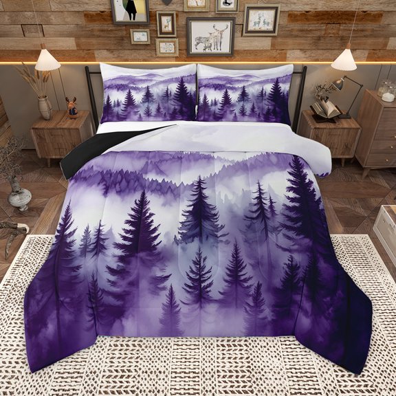 Homewish Purple White Bedding Comforter Set,Rustic Pine Tree Twin Comforter Sets,Tropical Plant Bedding Set For Adult,Breathable Home Decor Reversible,2pcs