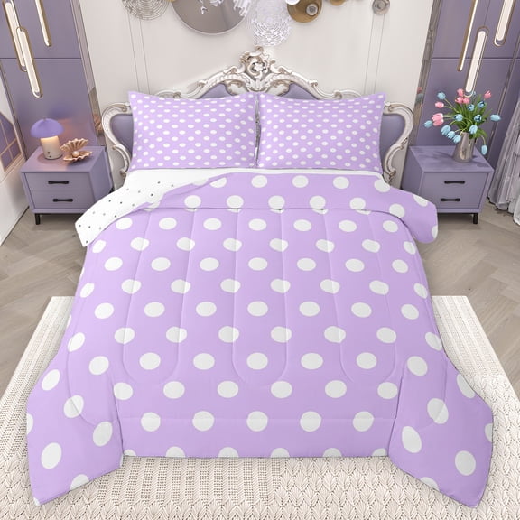 Homewish Purple White Geometric Circle Boy Girl 3 Pieces Queen Comforter Set,Polka Dots Ultra Soft Bedding Sets,Vintage Aesthetic Bedding Comforter Set Breathable,Luxury Bedroom Decor,Reversible
