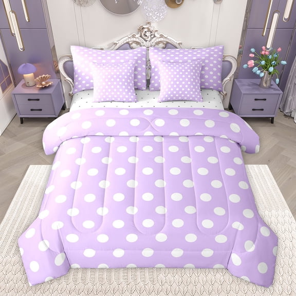 Homewish Purple White Geometric Circle Boy Girl Bedding Comforter Set 7-Piece,Polka Dots King Bedding Sets,Vintage Aesthetic Ultra Soft Bed Sheets,Luxury Bedroom Decor,Reversible