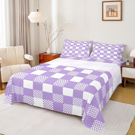 Homewish Purple White Grid 4-Piece Full Size Sheets For Kids Children Teens,Geometric Buffalo Bed Sheets,Minimalist Abstract Lightweight Sheet Sets,Microfiber Bedroom Decor