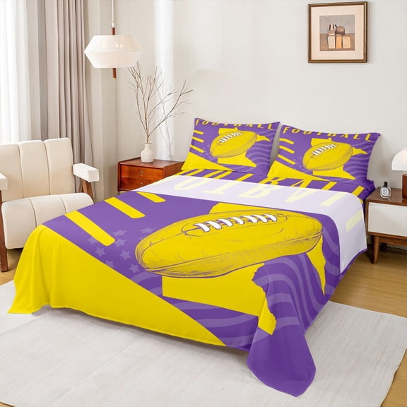 Homewish Purple Yellow Rugby Bed Sheets for Boys, American Flag Print King Sheets, Modern Football Sport Sheet Set, Breathable Home Decor, 4pcs