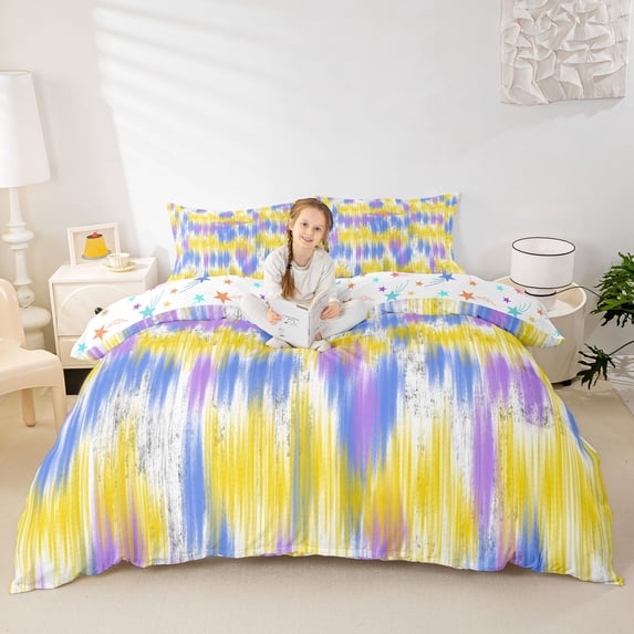 Homewish Purple Yellow Tie Dye Duvet Cover Queen,Contemporary Art Queen Bedding,Colorful Stars Reversible,3 Pieces,1 Duvet Cover and 2 Pillowcases