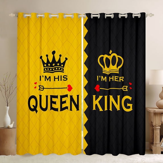 Homewish Queen And King Blackout Curtains Set of 2 (52x84 Each),Princess Crown Window Curtains,Yellow Black Curtains and Drapes For Girl Kids,Ultra Soft Home Decor